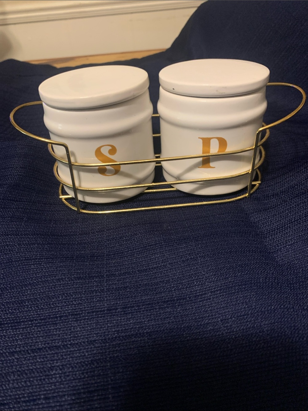 Source Unknown White Ceramic S & P Jars with Gold Wire Carrier